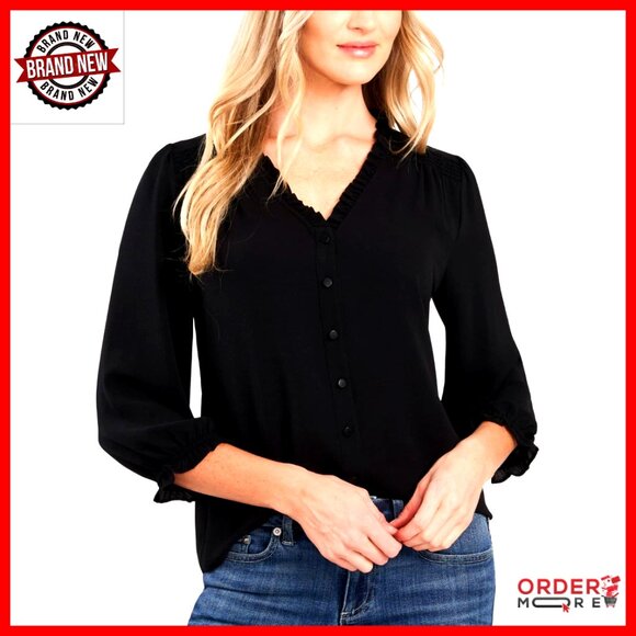 3/4 Sleeve Ruffled V-Neck Blouse with Smocked Shoulders